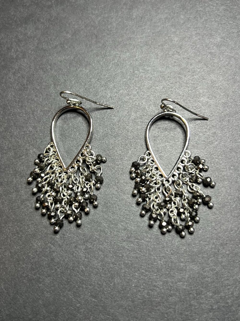 Boho Silver Tone Teardrop Chandelier Cluster Fringe Black Beaded Dangle Earrings